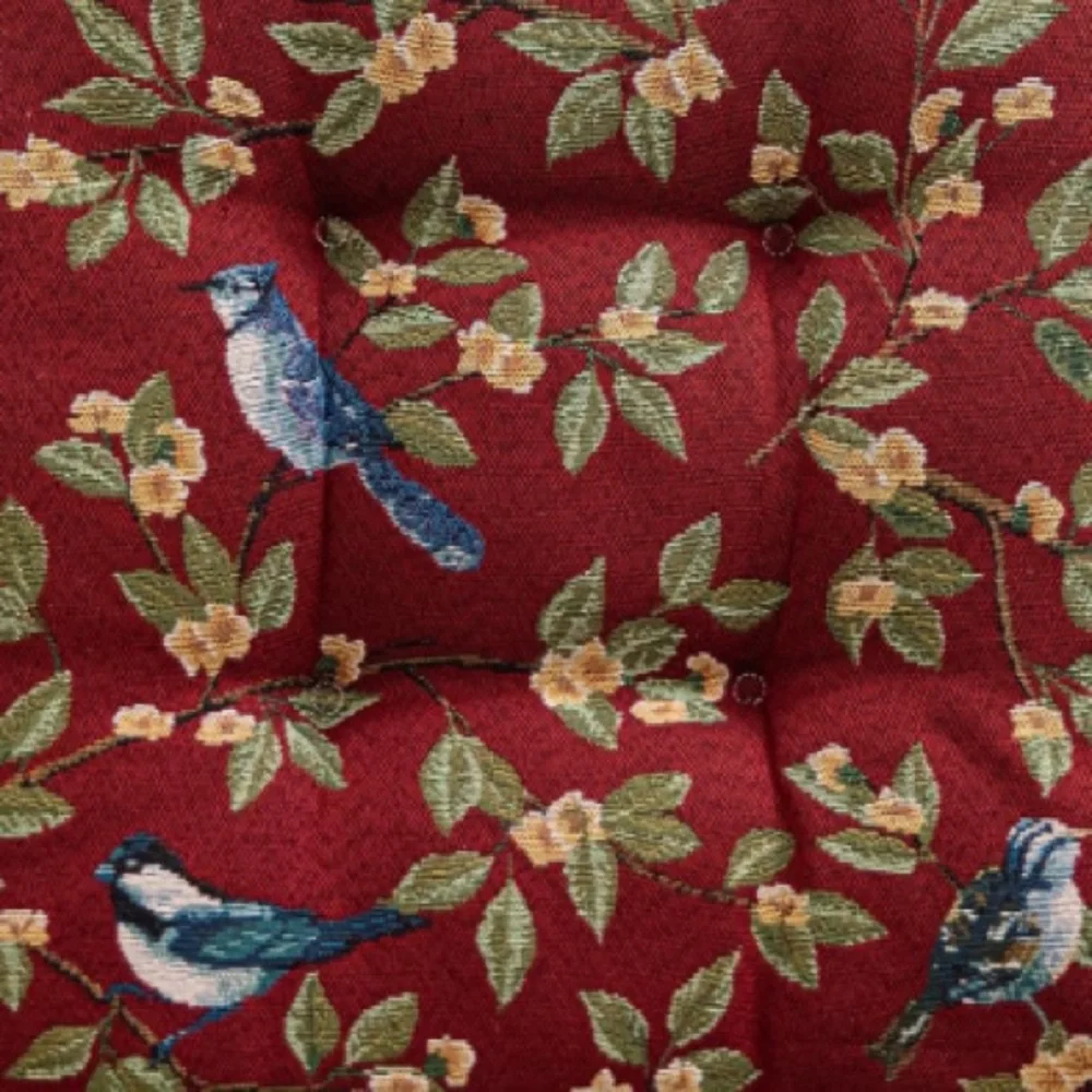Floral Bird Print Chair Cushion in Burgundy Red